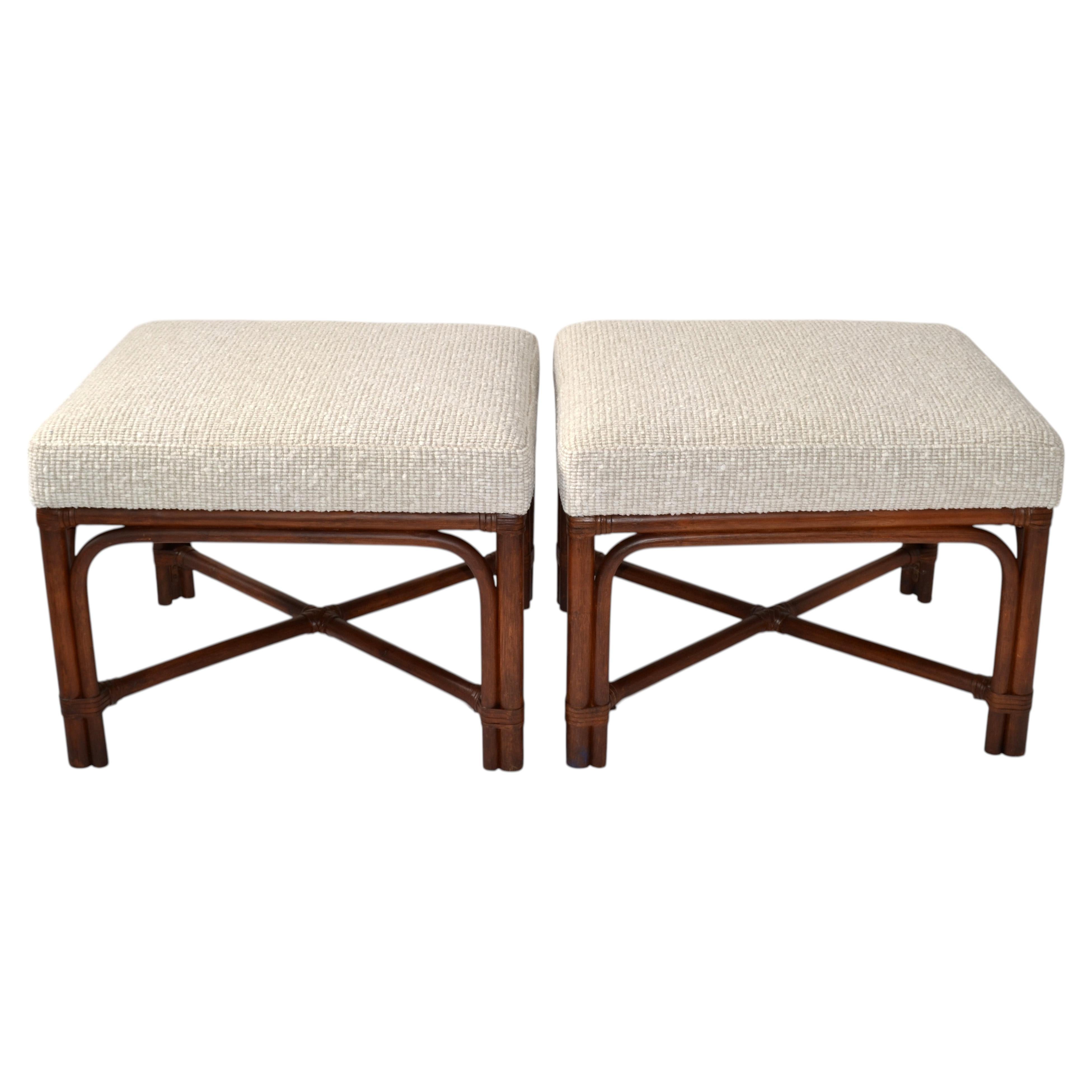 Pair, McGuire Bamboo Wood Bouclé Fabric Upholstery Ottomans Mid-Century Modern