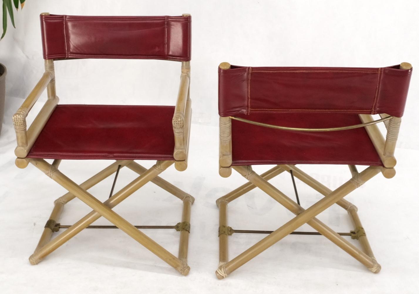 Pair McGuire Burgundy Leather Sling Seats Folding Captains Chairs Olive Frames  8