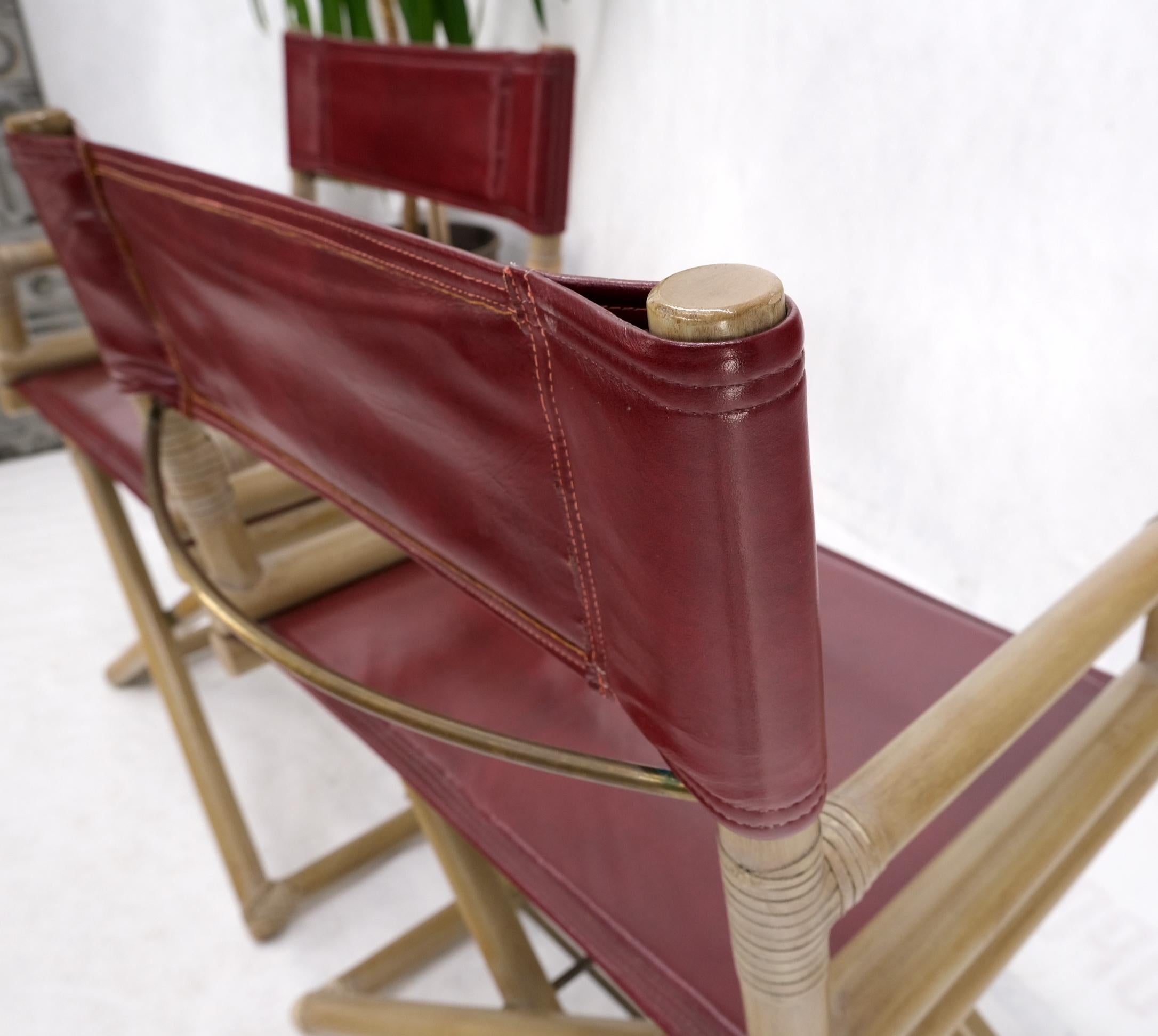 Pair McGuire Burgundy Leather Sling Seats Folding Captains Chairs Olive Frames  10