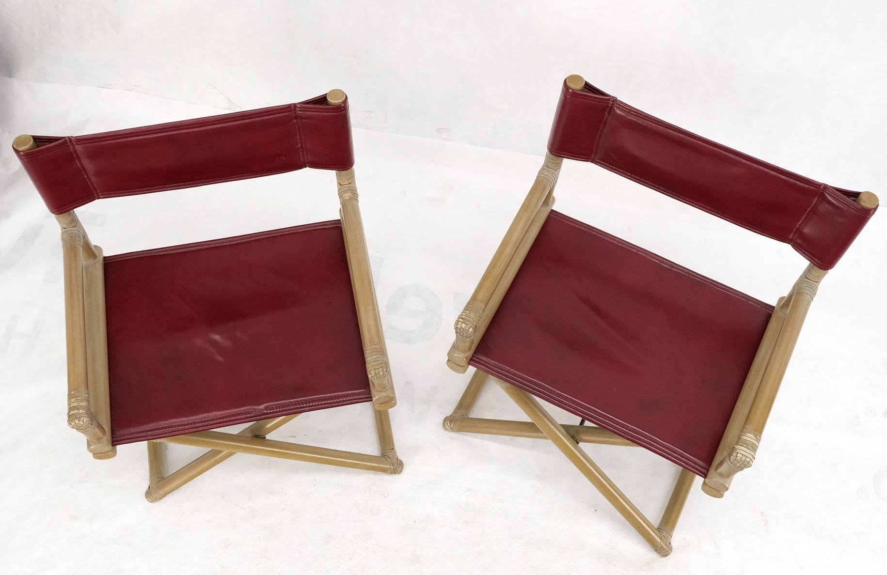 Mid-Century Modern Pair McGuire Burgundy Leather Sling Seats Folding Captains Chairs Olive Frames 