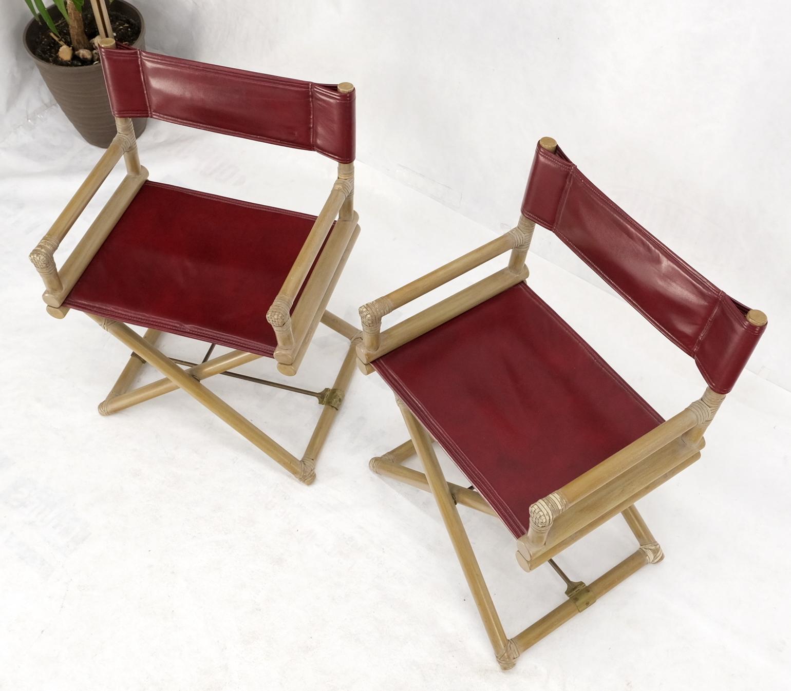American Pair McGuire Burgundy Leather Sling Seats Folding Captains Chairs Olive Frames 
