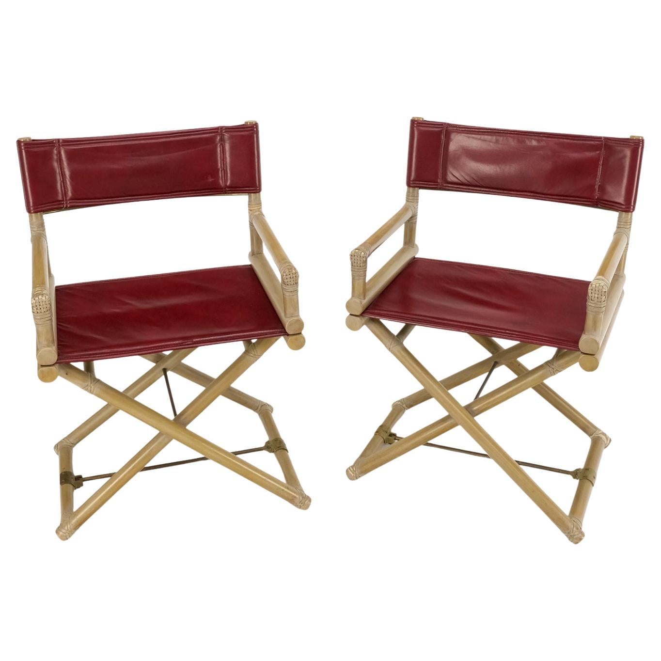 Pair McGuire Burgundy Leather Sling Seats Folding Captains Chairs Olive Frames 