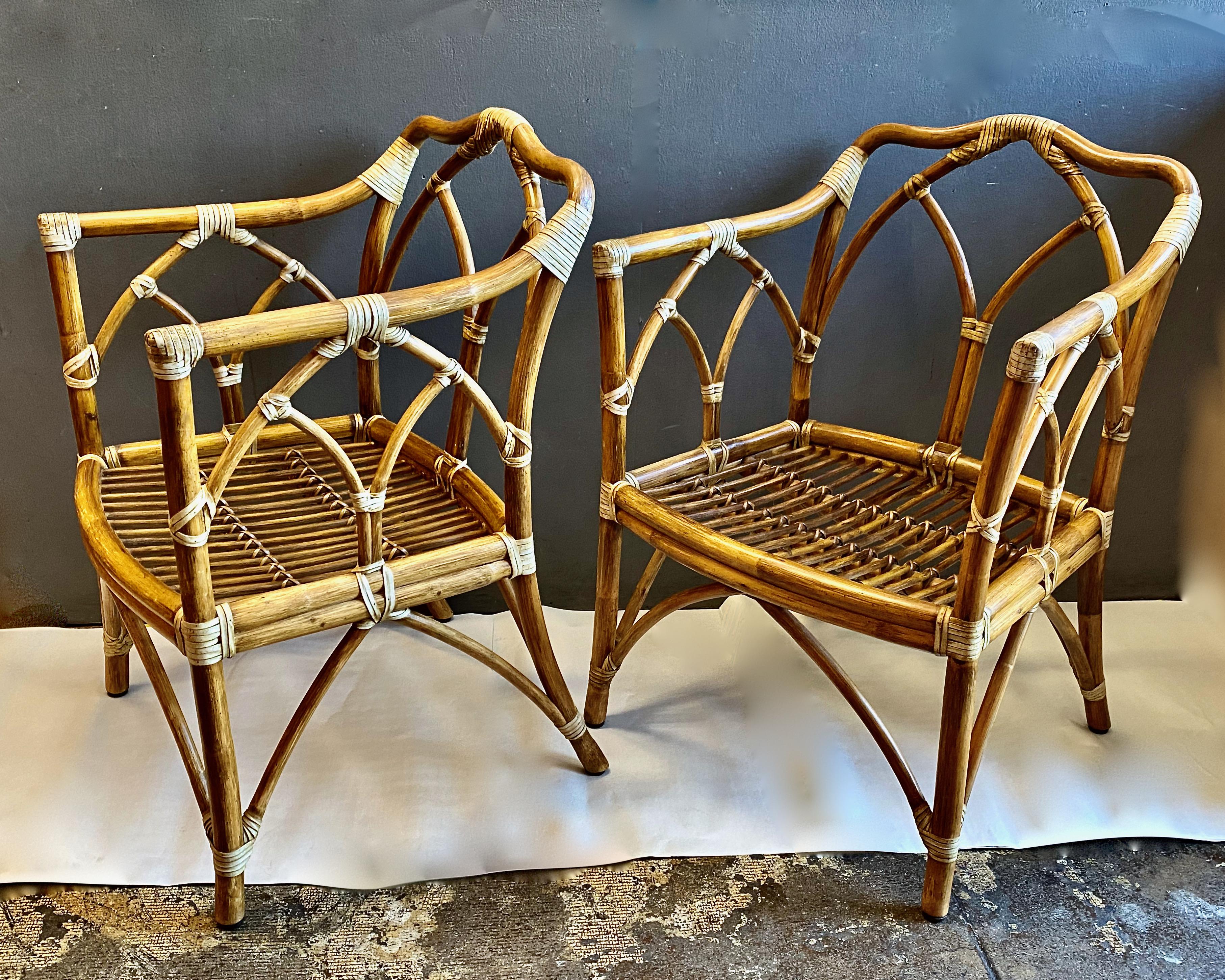 This is a wonderful set of 2 Mcguire Cathedral Lounge chairs. The chairs are in excellent original condition. We have cleaned and waxed the surface of the chairs and given them a very minor touch-up to the highly desirable original surface. The