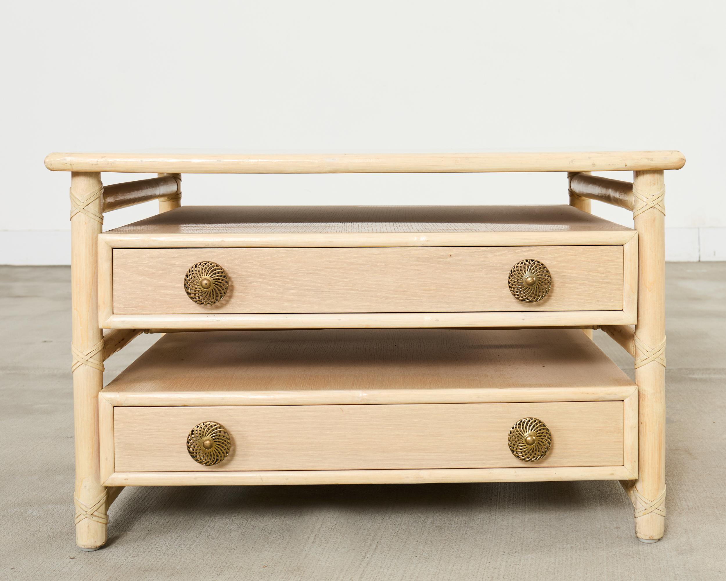 Pair McGuire Cerused Oak Rattan Nightstands End Tables For Sale 5