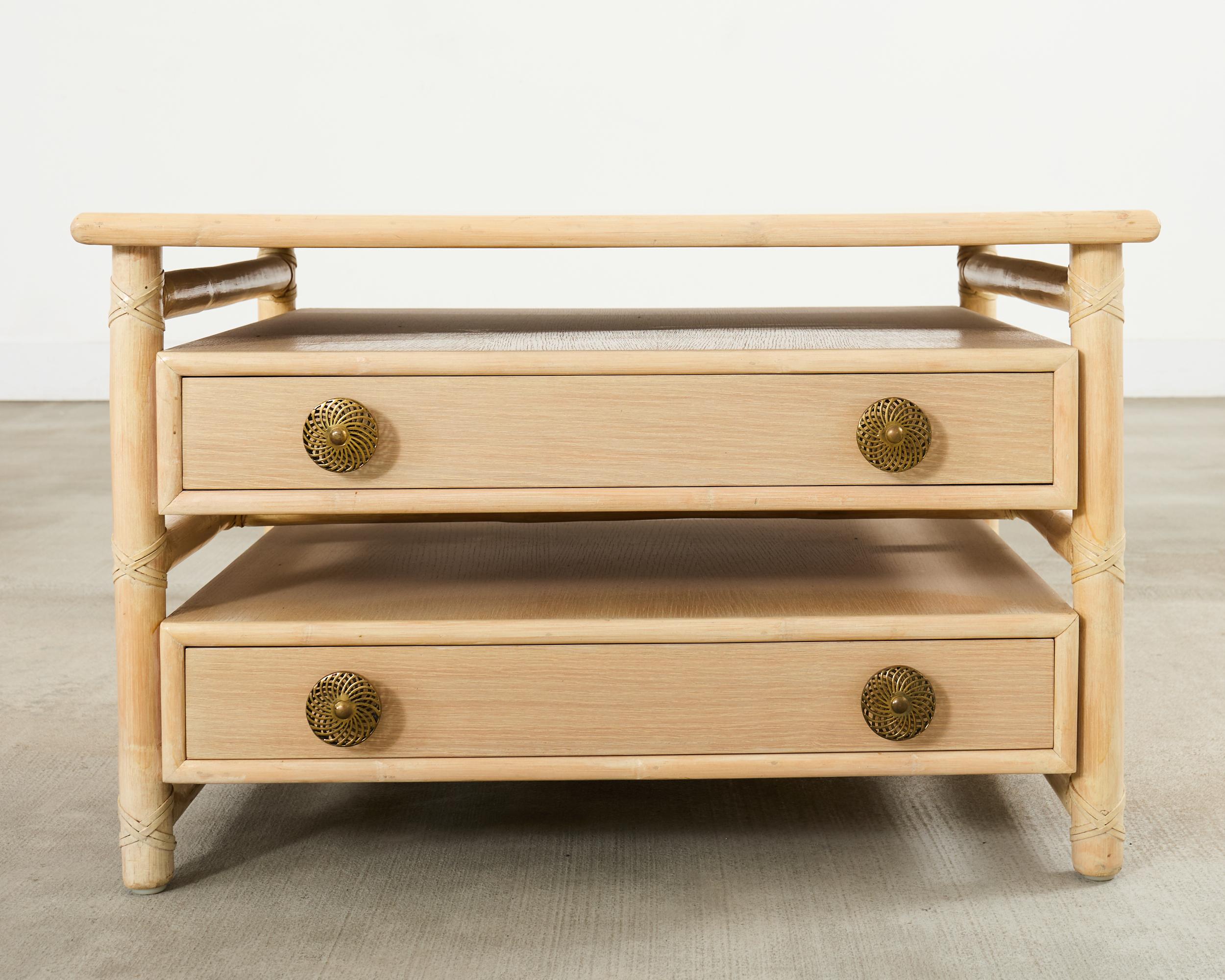 Pair McGuire Cerused Oak Rattan Nightstands End Tables For Sale 7