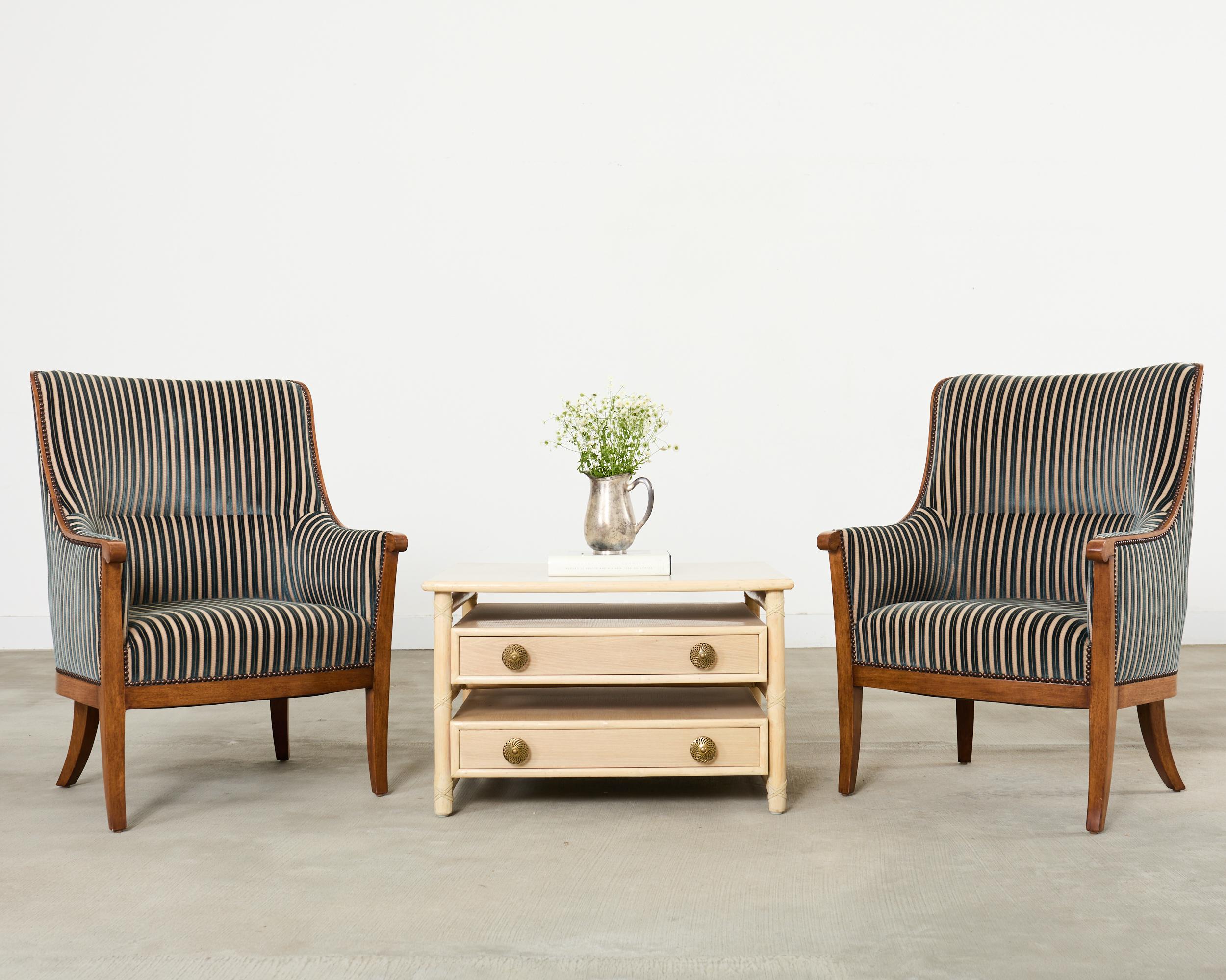 Exquisite pair of cerused oak and rattan nightstands, or end tables made in the California coastal organic modern style by McGuire artisans. These rare tables feature a thick pole rattan frame lashed together with leather rawhide laces on the