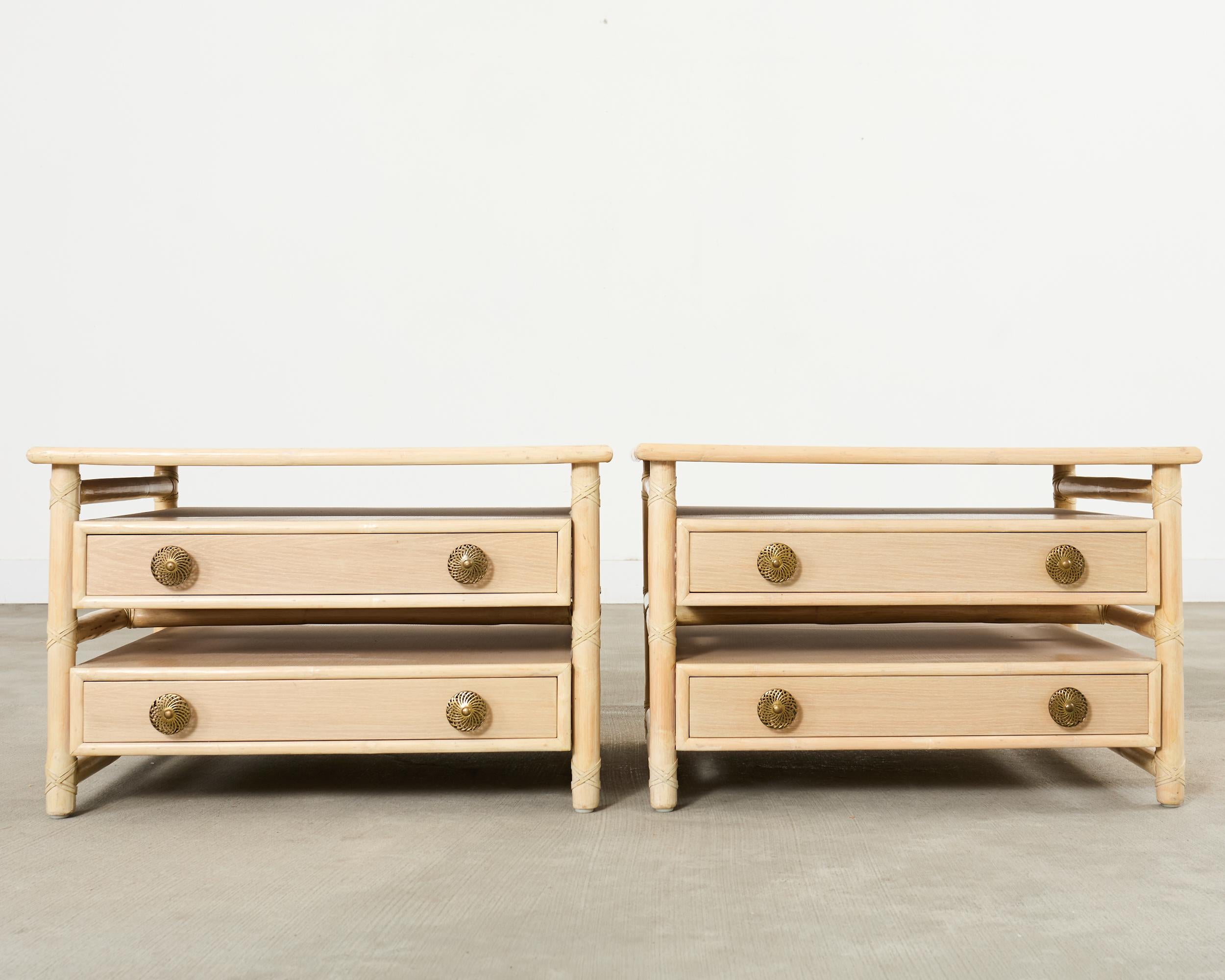 Organic Modern Pair McGuire Cerused Oak Rattan Nightstands End Tables For Sale