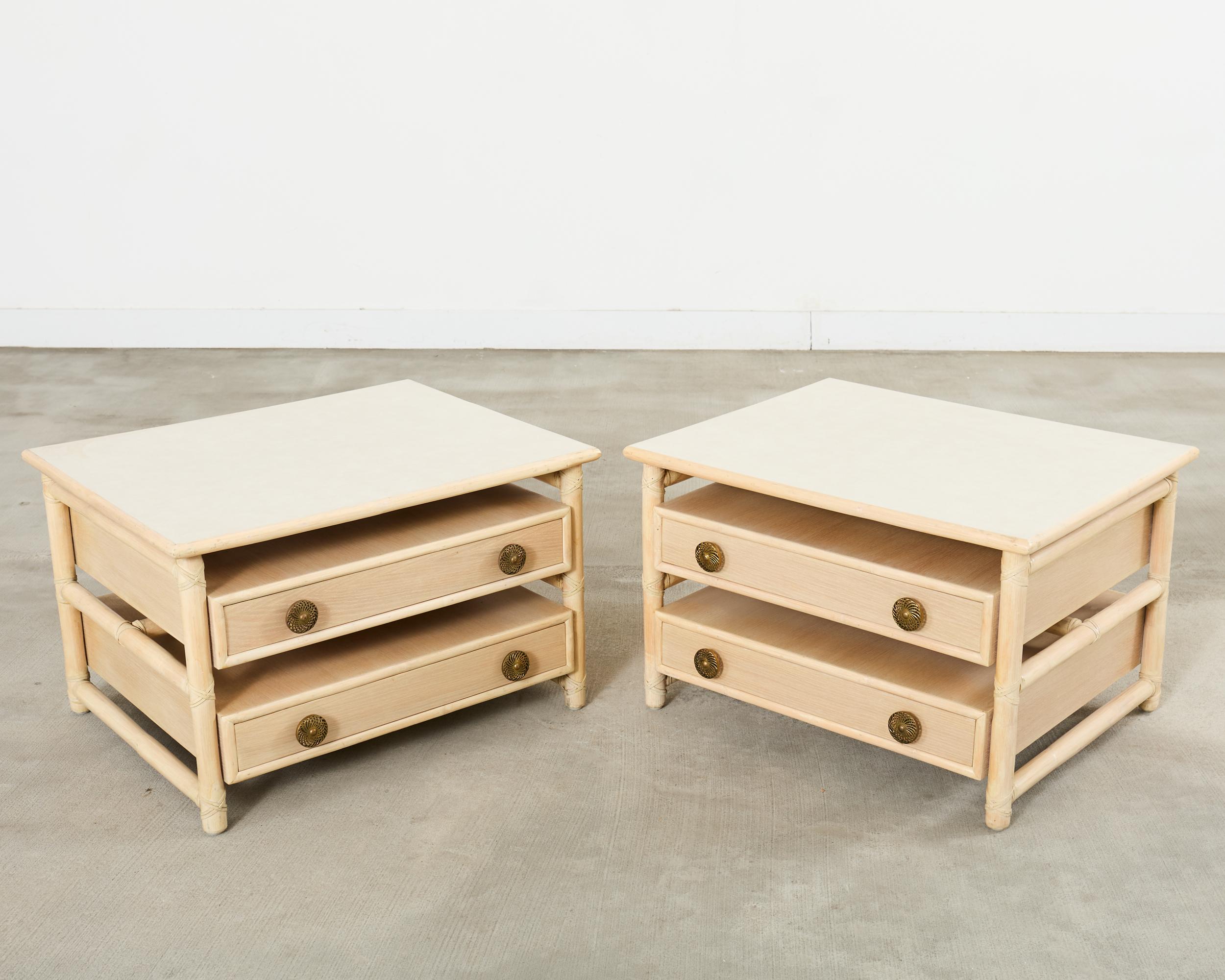 Hand-Crafted Pair McGuire Cerused Oak Rattan Nightstands End Tables For Sale