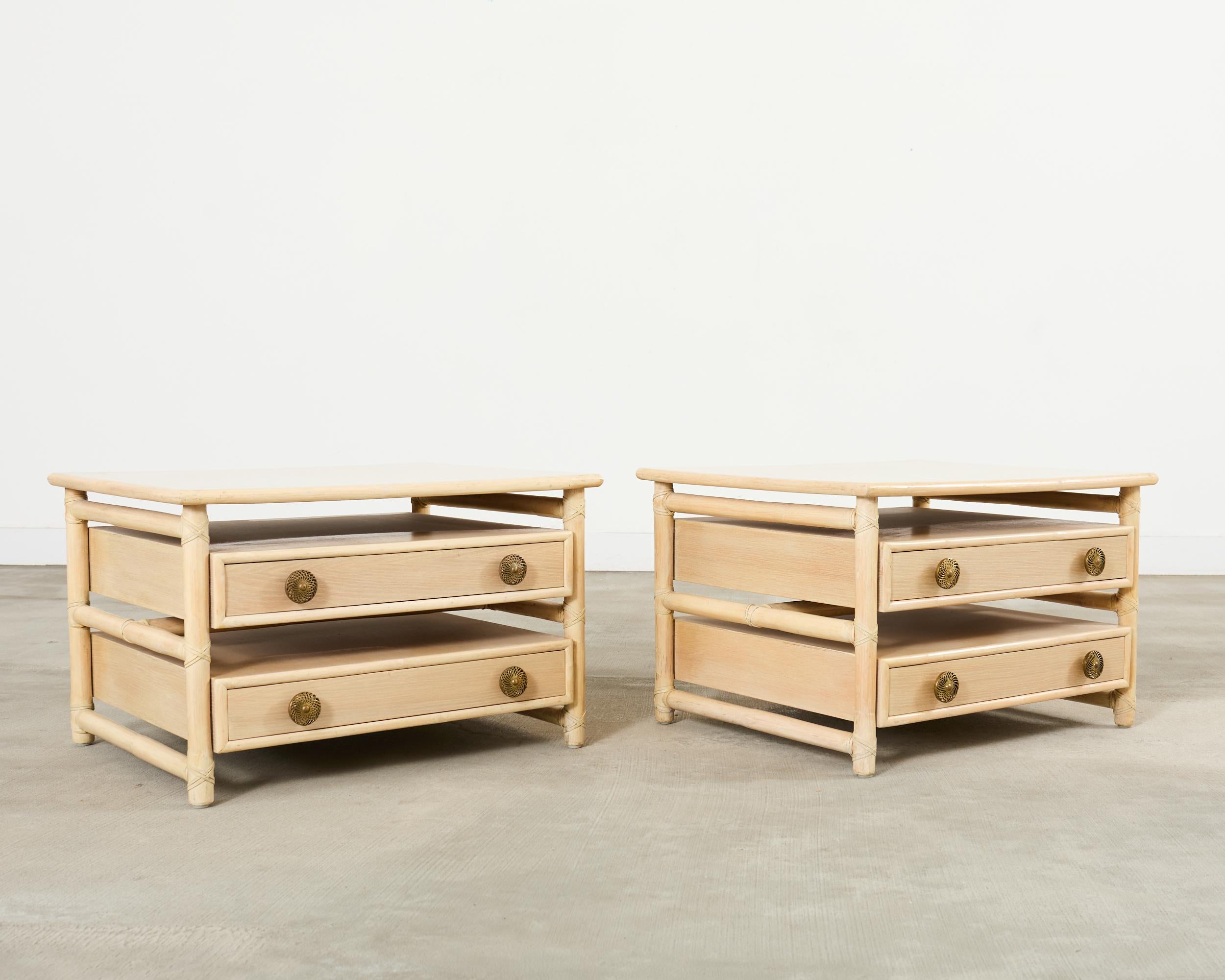 Pair McGuire Cerused Oak Rattan Nightstands End Tables In Good Condition For Sale In Rio Vista, CA