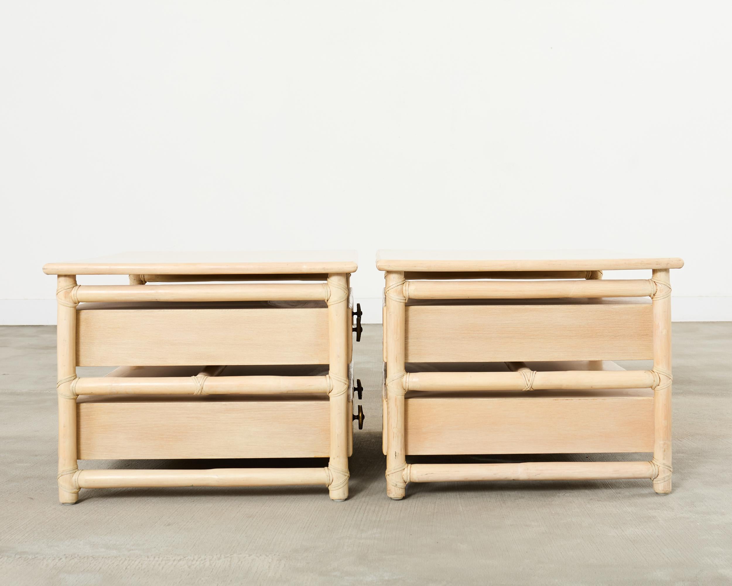 20th Century Pair McGuire Cerused Oak Rattan Nightstands End Tables For Sale