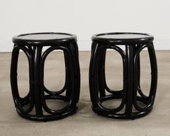 Pair McGuire Lacquered Rattan Taborette Drum Drink Tables