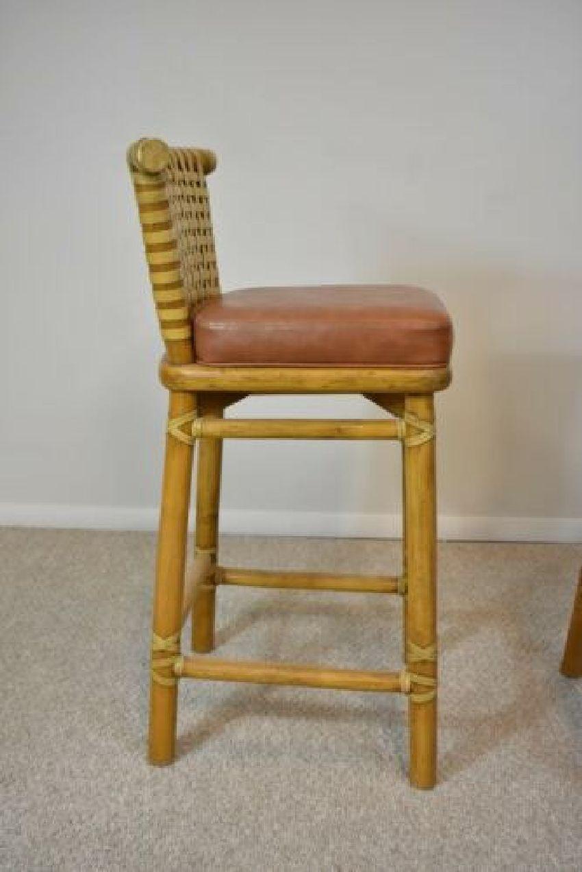 Pair McGuire Leather & Rattan Bar Stools In Good Condition In Toledo, OH