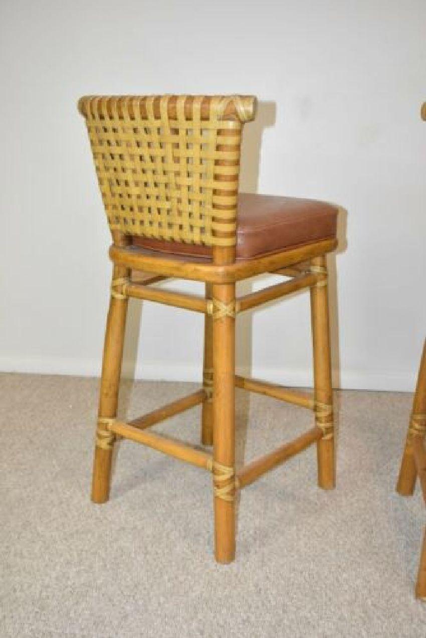 20th Century Pair McGuire Leather & Rattan Bar Stools