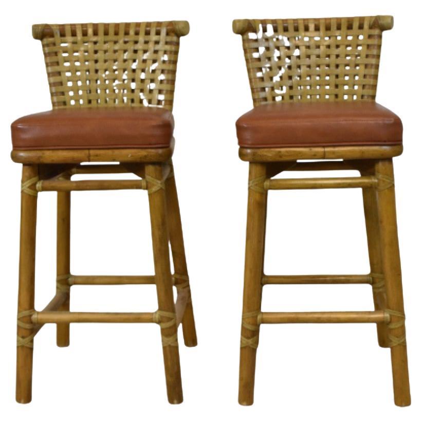 Pair McGuire Leather & Rattan Bar Stools