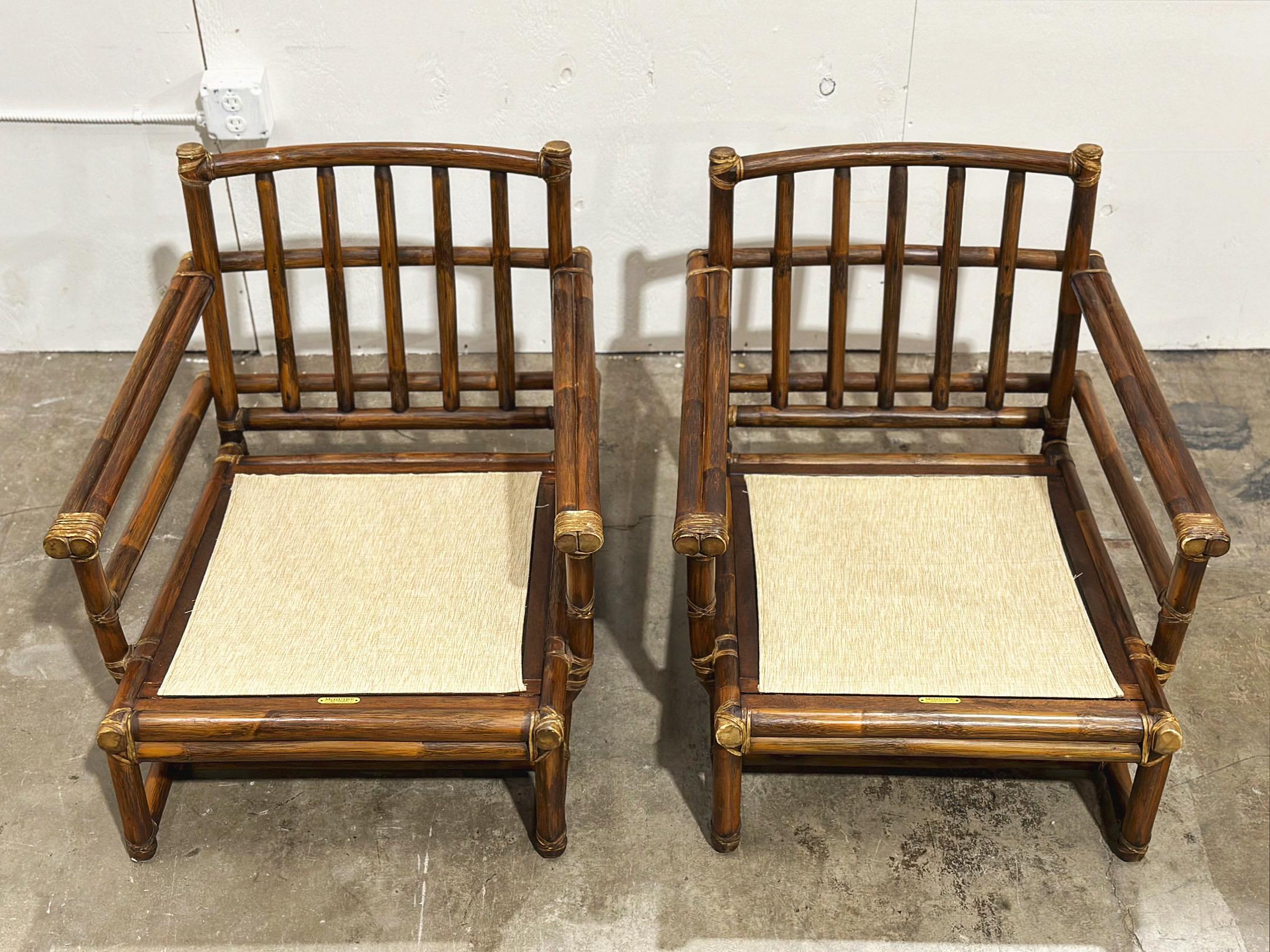 Pair McGuire Midcentury Organic Modern Oversized Rattan Leather Lounge Chairs 7