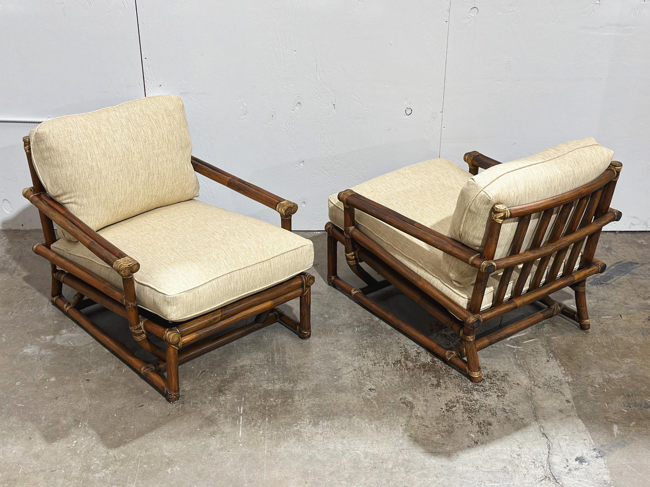 Pair McGuire Midcentury Organic Modern Oversized Rattan Leather Lounge Chairs 9