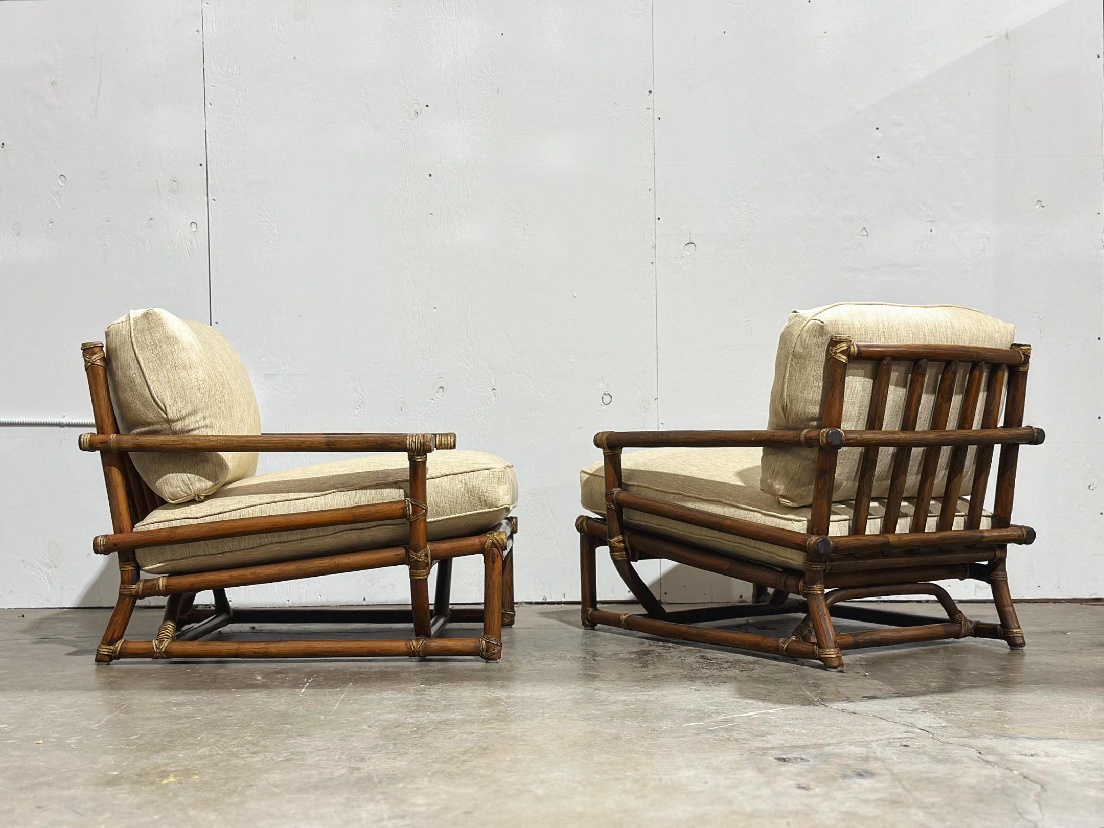 Pair McGuire Midcentury Organic Modern Oversized Rattan Leather Lounge Chairs In Good Condition In Decatur, GA
