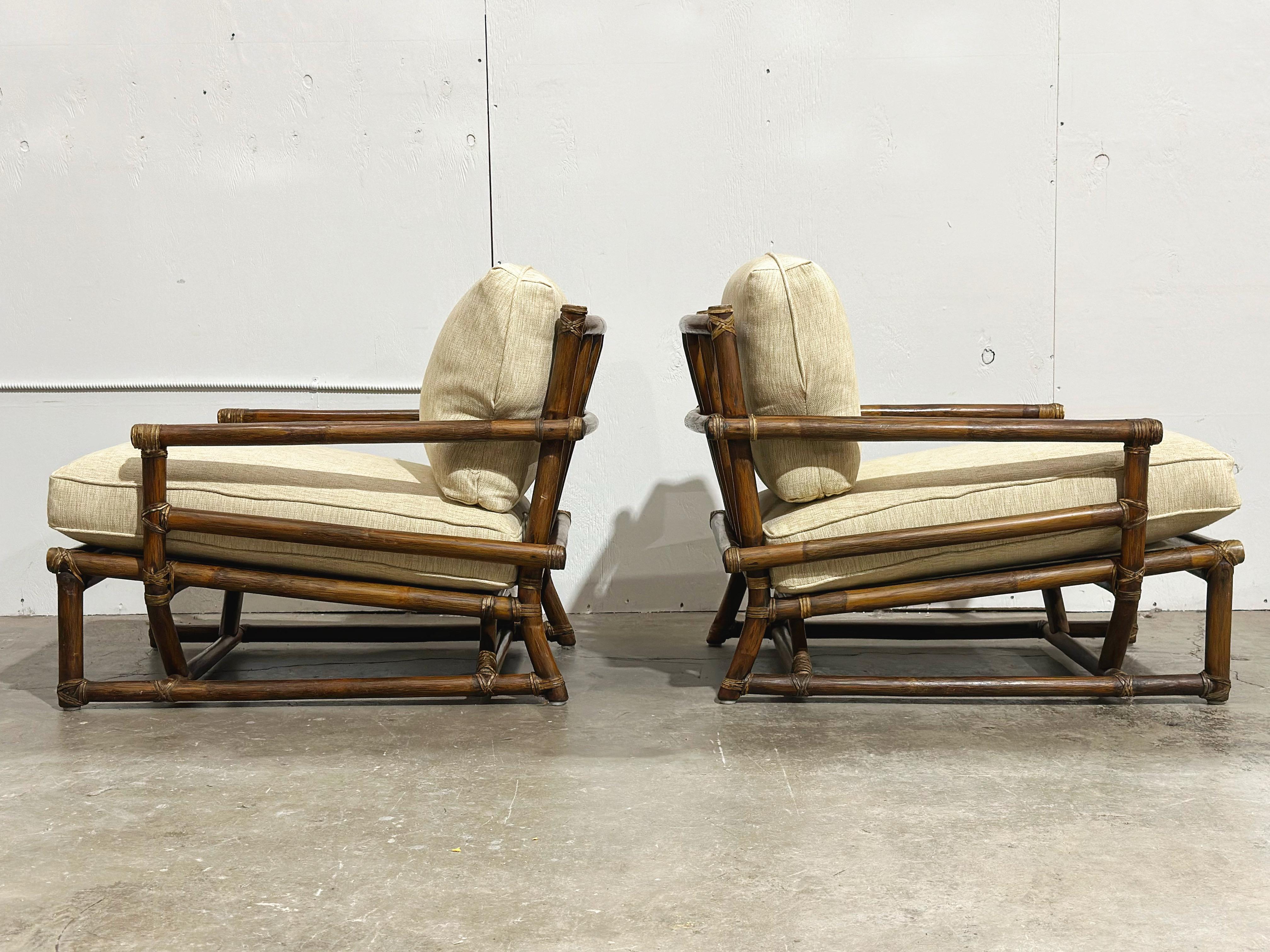 Late 20th Century Pair McGuire Midcentury Organic Modern Oversized Rattan Leather Lounge Chairs