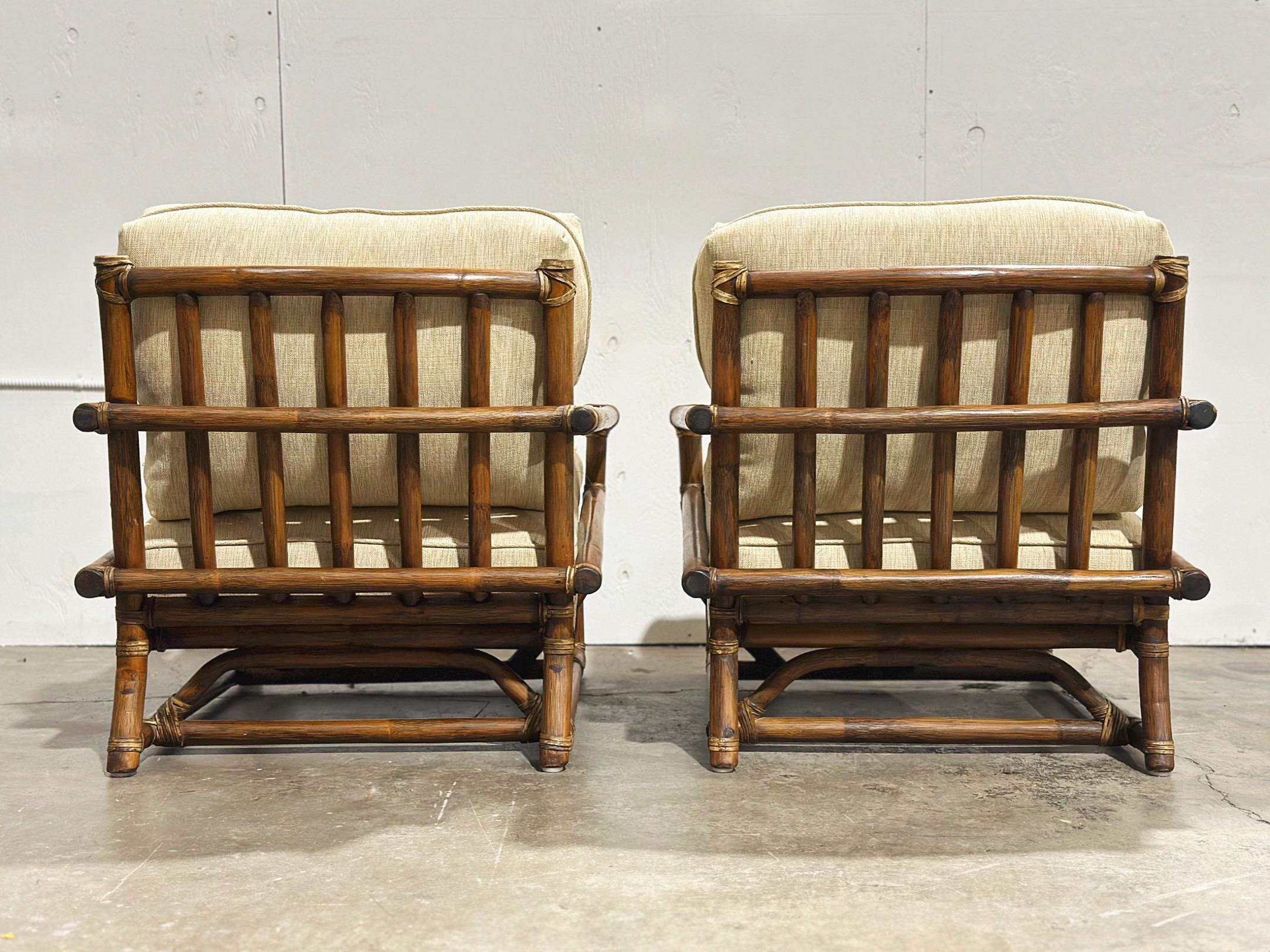 Pair McGuire Midcentury Organic Modern Oversized Rattan Leather Lounge Chairs 3