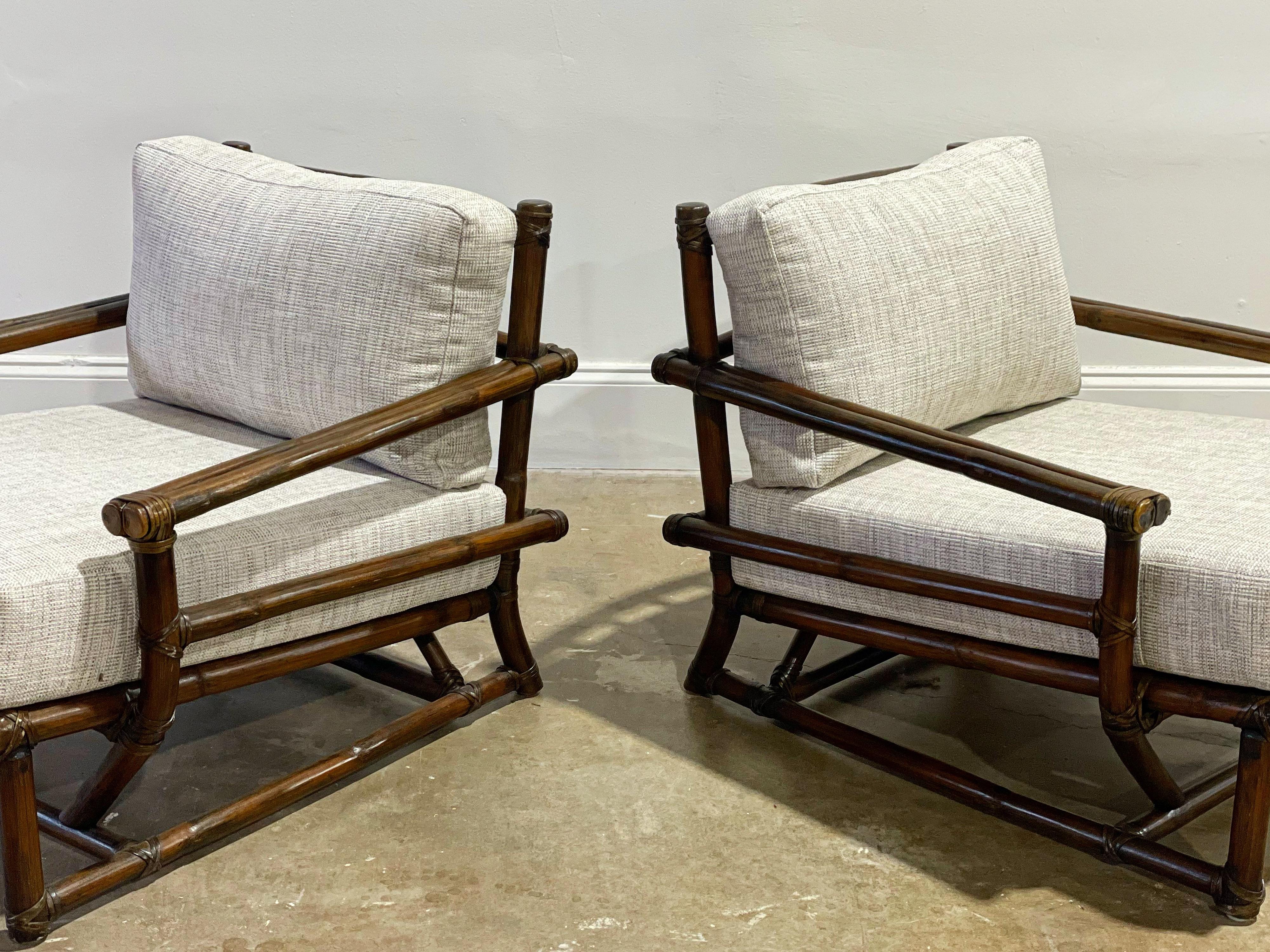 Pair McGuire Midcentury Organic Modern Oversized Rattan Leather Lounge Chairs 4