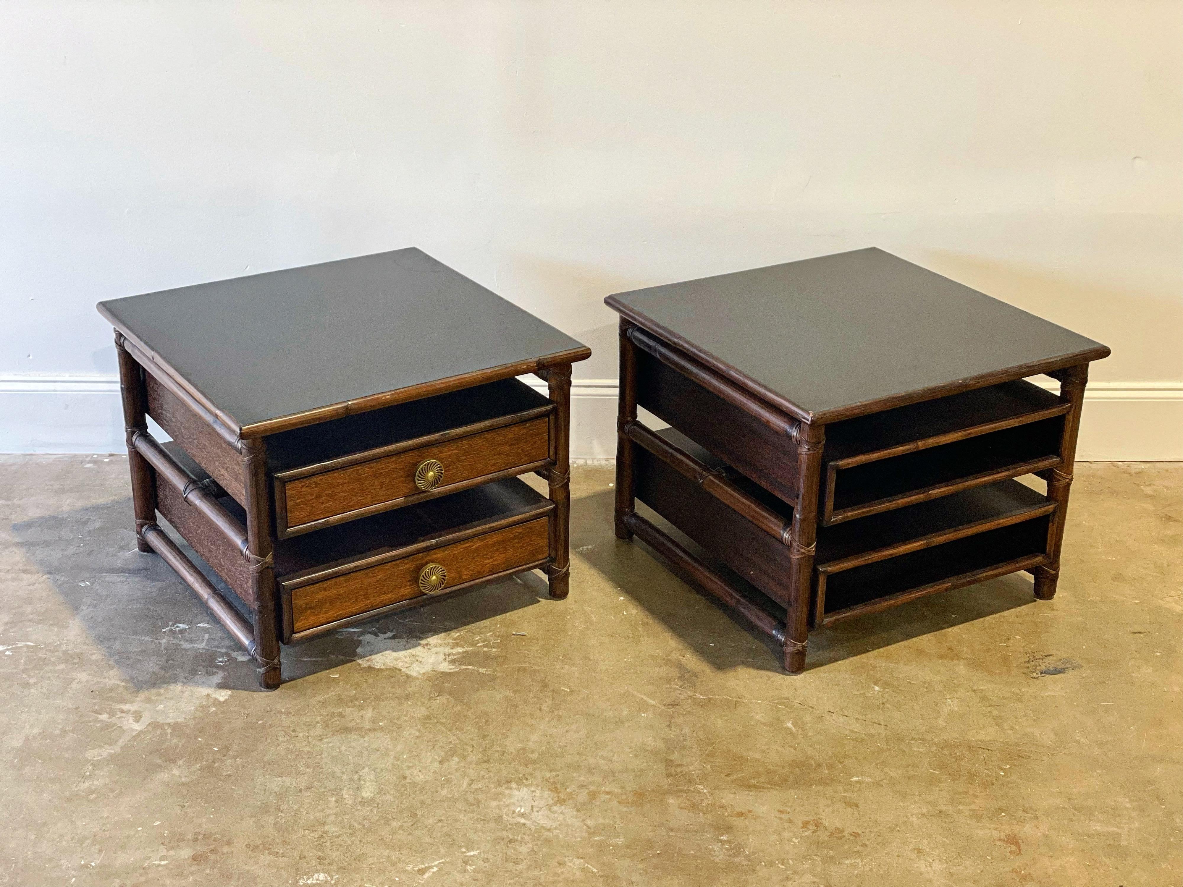Pair McGuire Side Tables, Vintage Organic Modern Rattan + Leather + Brass 1
