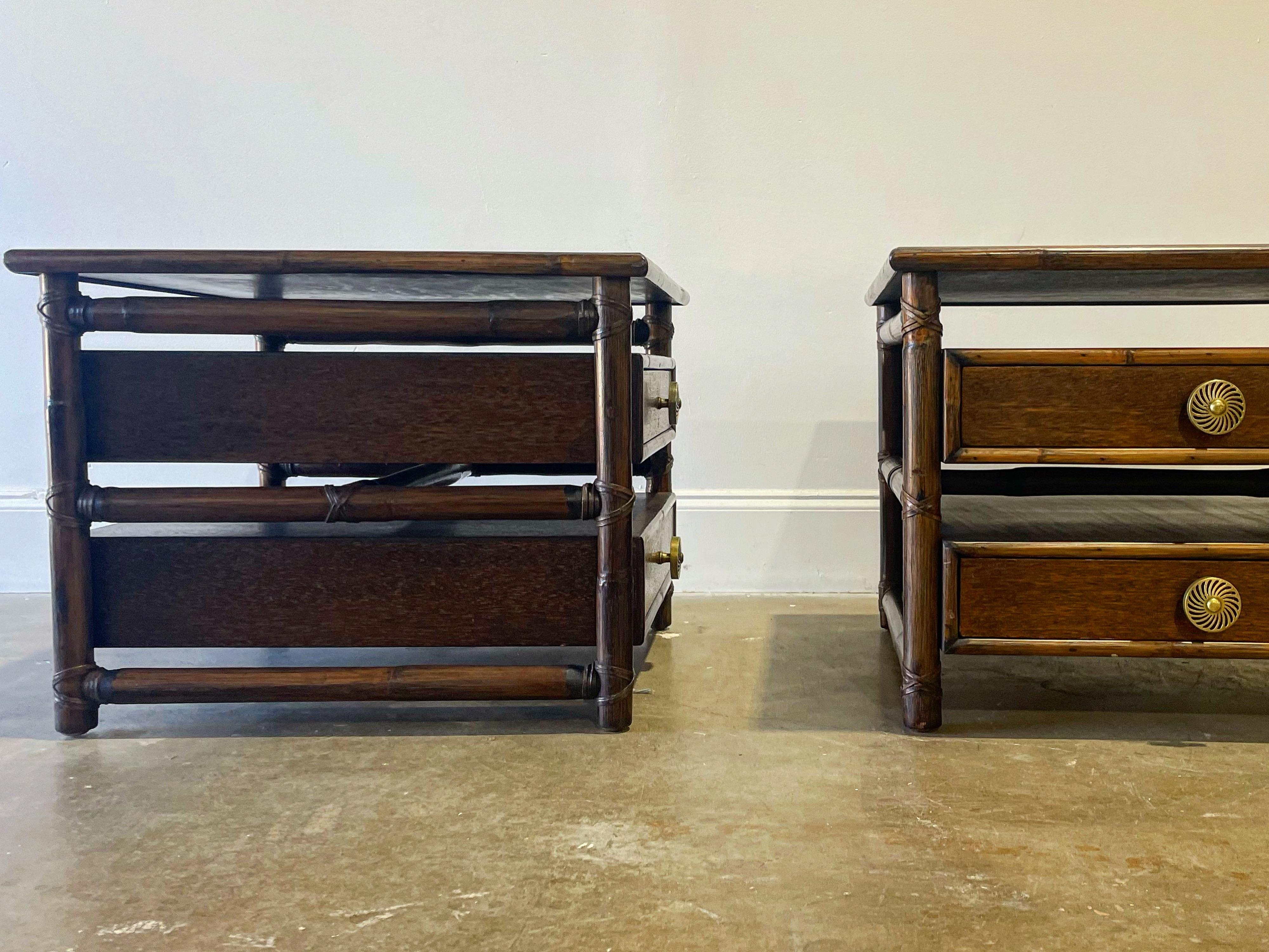 Pair McGuire Side Tables, Vintage Organic Modern Rattan + Leather + Brass 4