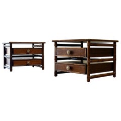 Pair McGuire Side Tables, Vintage Organic Modern Rattan + Leather + Brass