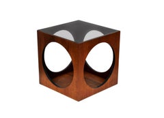 Pair MCM Baughman Geometric Cube Walnut & Glass End Table or Side Drinks Tables