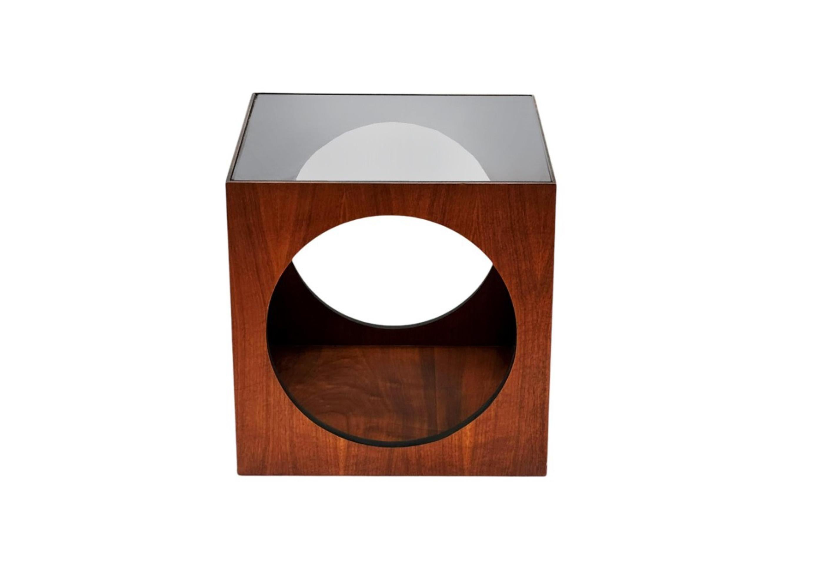 Mid-Century Modern Pair MCM Baughman Geometric Cube Walnut & Glass End Table or Side Drinks Tables