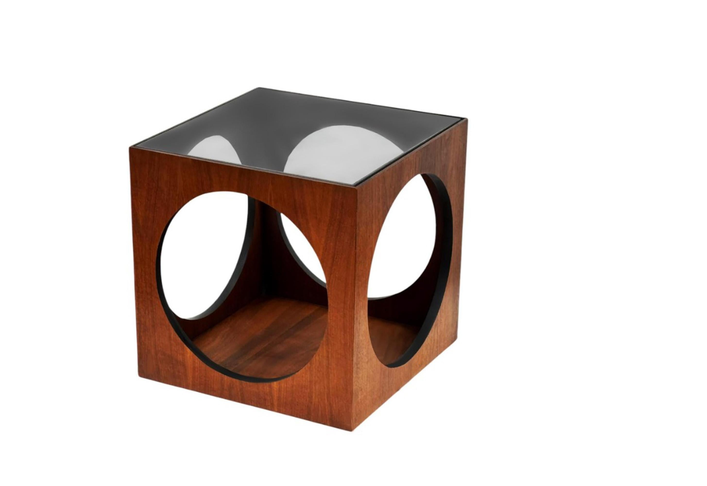 American Pair MCM Baughman Geometric Cube Walnut & Glass End Table or Side Drinks Tables