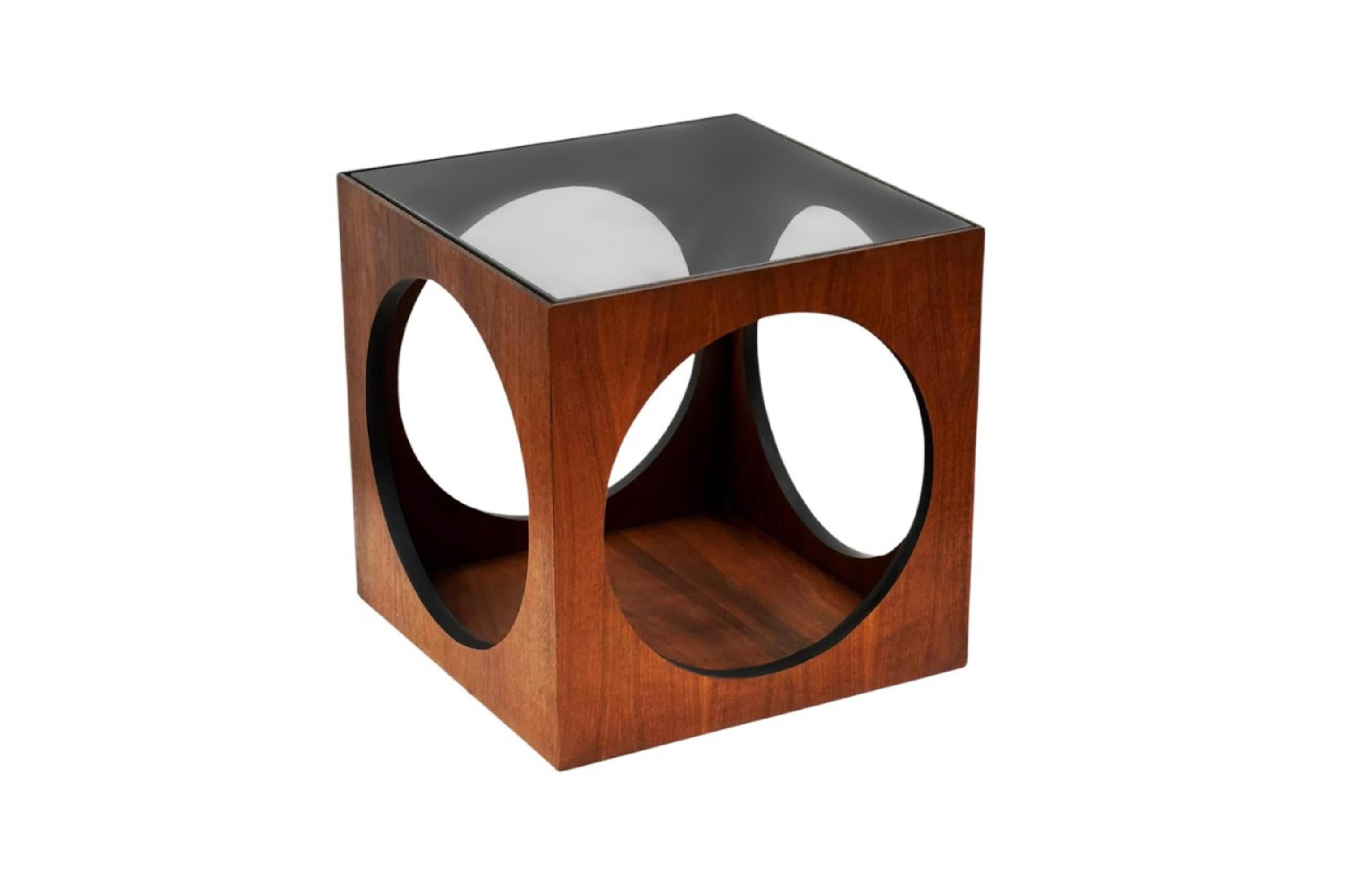 Pair MCM Baughman Geometric Cube Walnut & Glass End Table or Side Drinks Tables 2