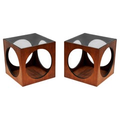 Pair MCM Baughman Geometric Cube Walnut & Glass End Table or Side Drinks Tables