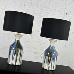 Pair MCM Blue & Black Drip Glaze Ceramic Large Scale Lamps New Black Drum Shades