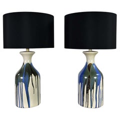 Vintage Pair MCM Blue & Black Drip Glaze Ceramic Large Scale Lamps New Black Drum Shades