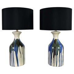 Pair MCM Blue & Black Drip Glaze Ceramic Large Scale Lamps New Black Drum Shades