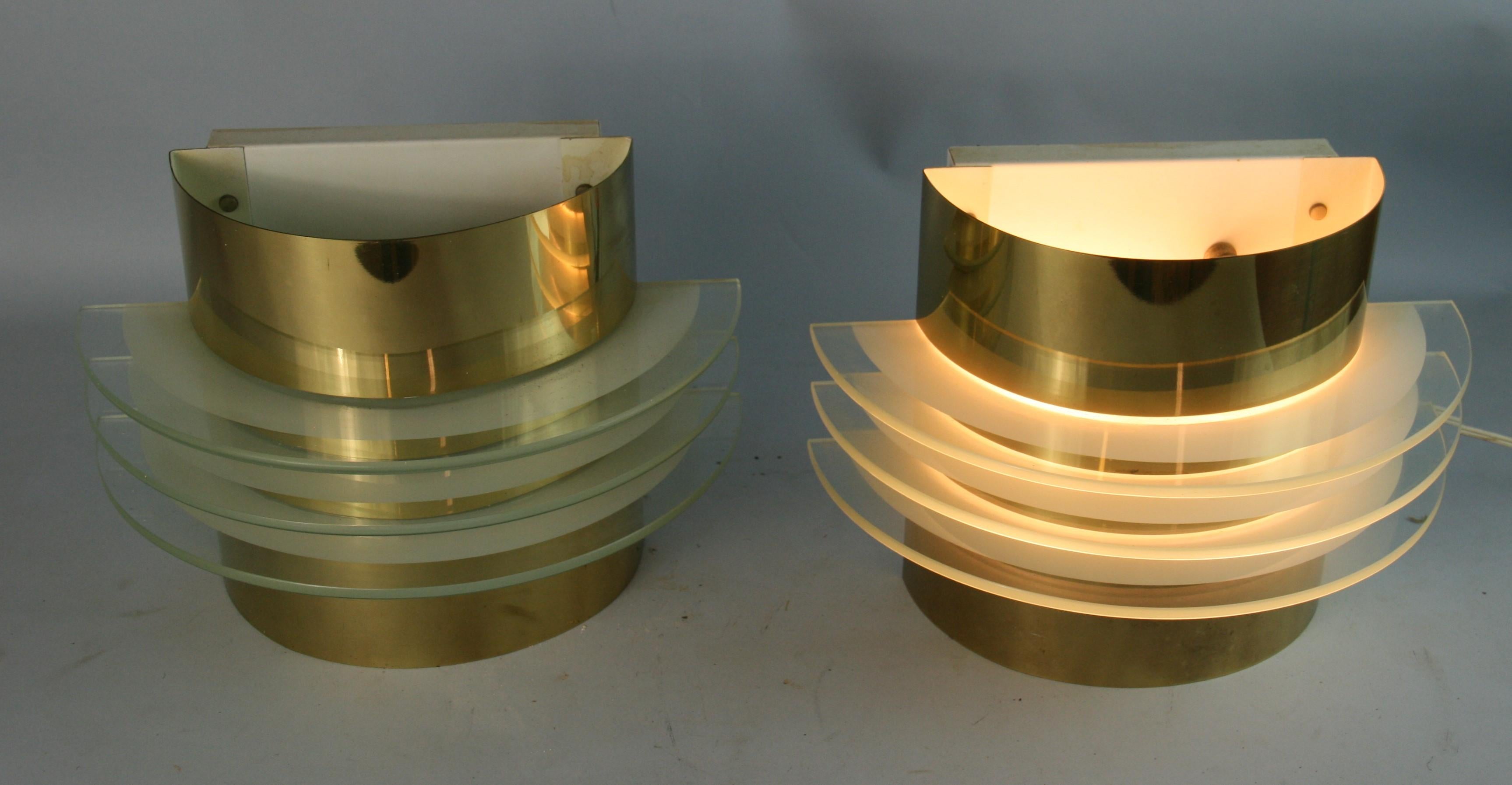 Mid-20th Century Pair MCM Brass and Glass Saturn Sconces For Sale