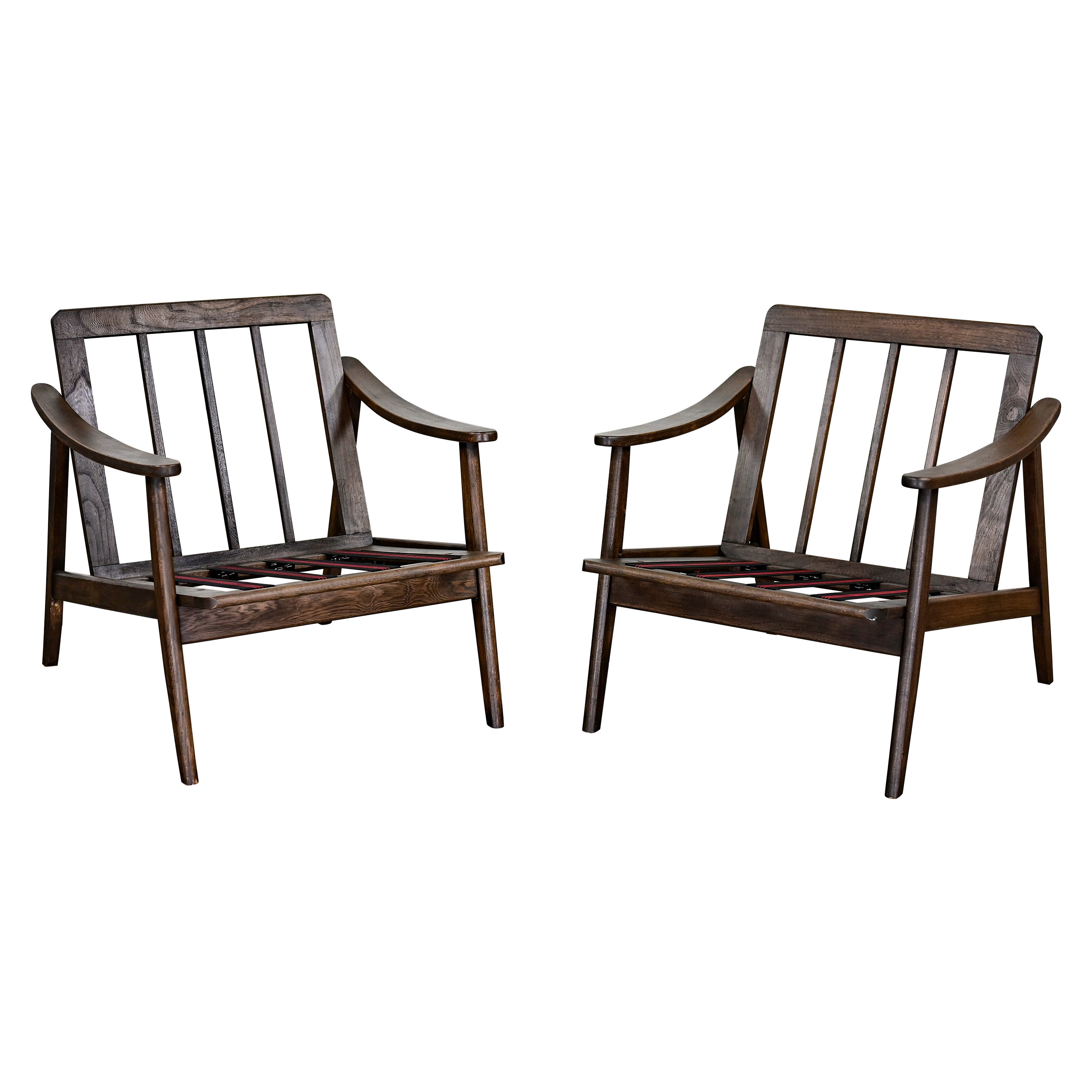 Pair MCM Danish or Scandinavian Modern Style Walnut Toned Wood Armchair Frames For Sale