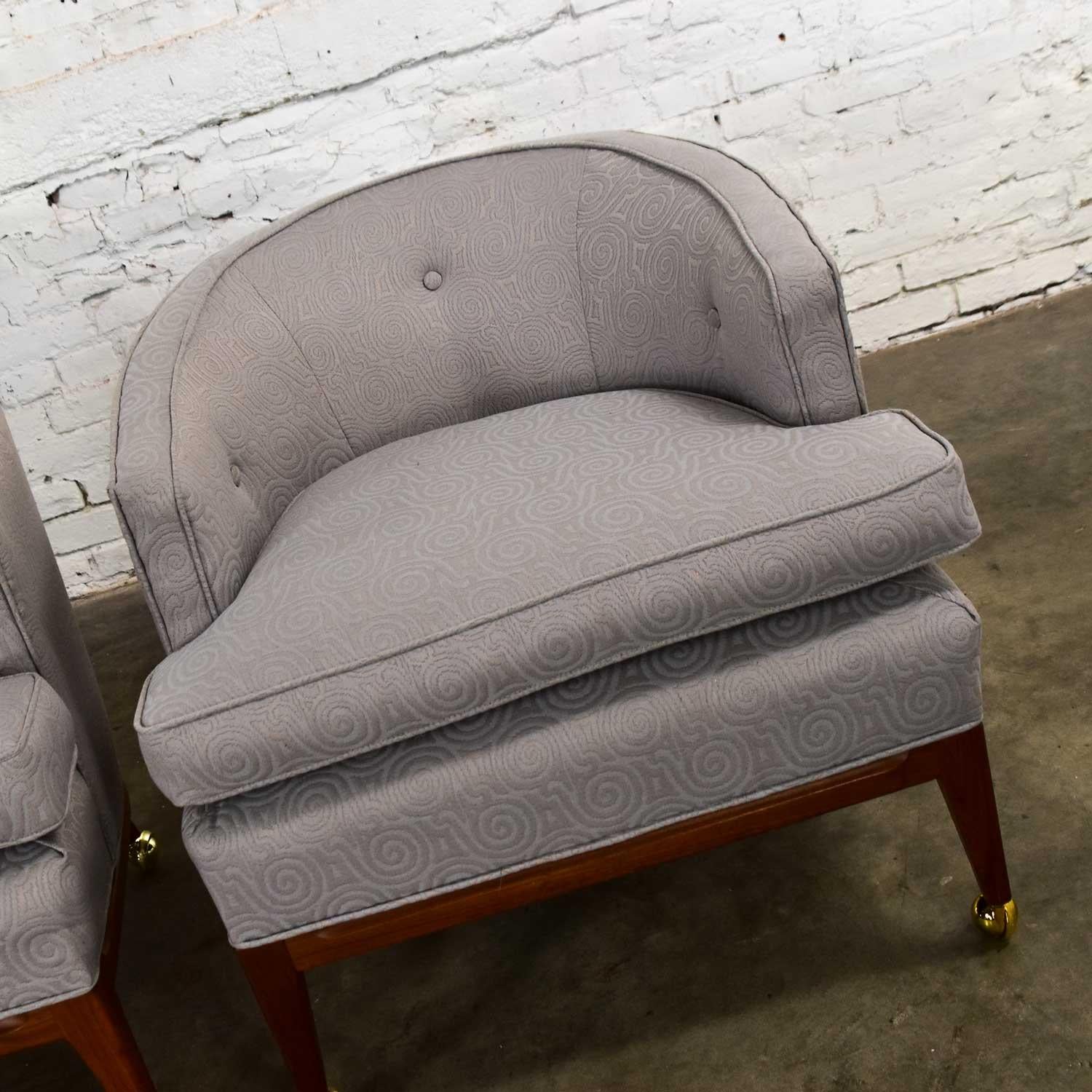 Fabric Pair MCM Grey & Taupe Barrel Back Club Chairs on Casters Style of Harvey Probber