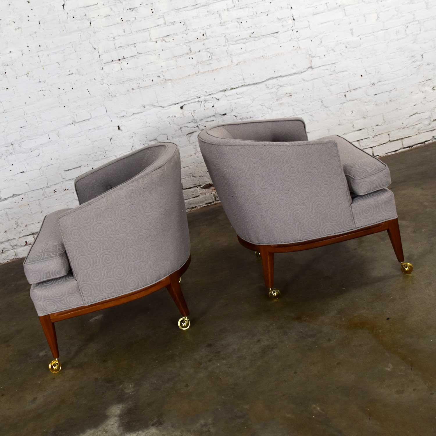 Mid-Century Modern Pair MCM Grey & Taupe Barrel Back Club Chairs on Casters Style of Harvey Probber