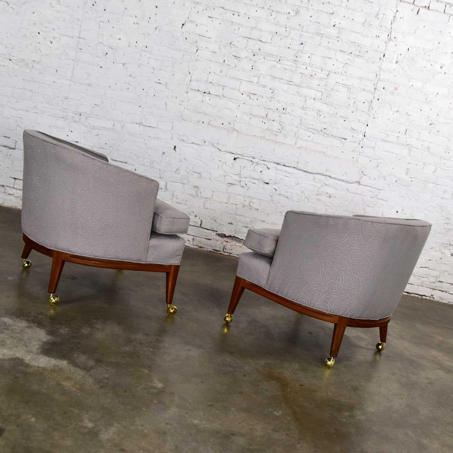 American Pair MCM Grey & Taupe Barrel Back Club Chairs on Casters Style of Harvey Probber