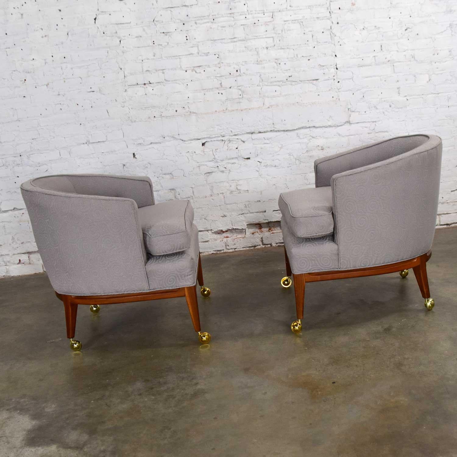 Pair MCM Grey & Taupe Barrel Back Club Chairs on Casters Style of Harvey Probber In Good Condition In Topeka, KS