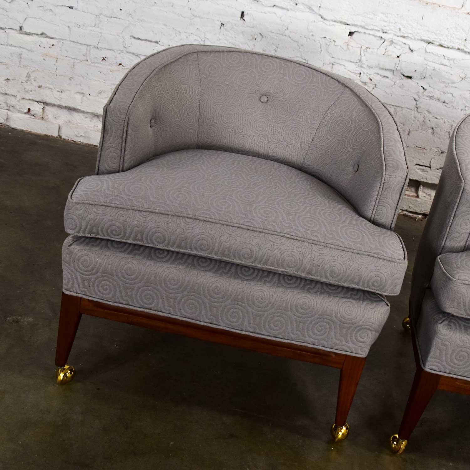 20th Century Pair MCM Grey & Taupe Barrel Back Club Chairs on Casters Style of Harvey Probber