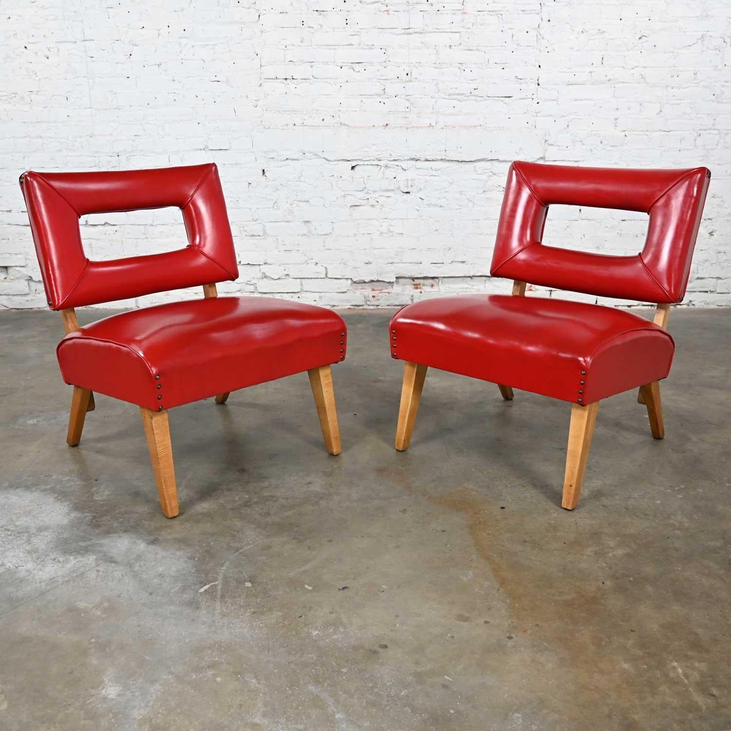 American Pair MCM Keyhole Back Orig Red Faux Leather Slipper Chairs Attr Viking Artline For Sale