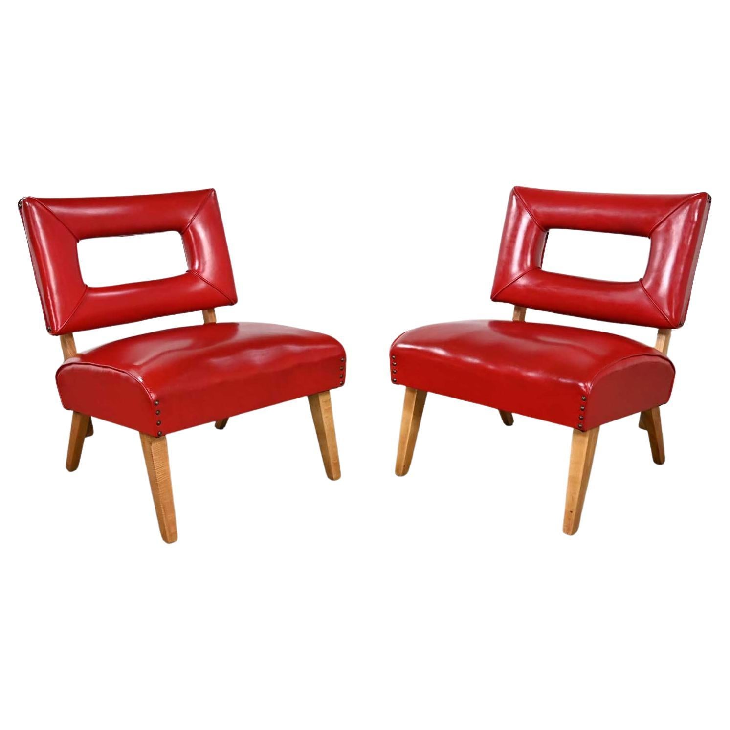 Pair MCM Keyhole Back Orig Red Faux Leather Slipper Chairs Attr Viking Artline