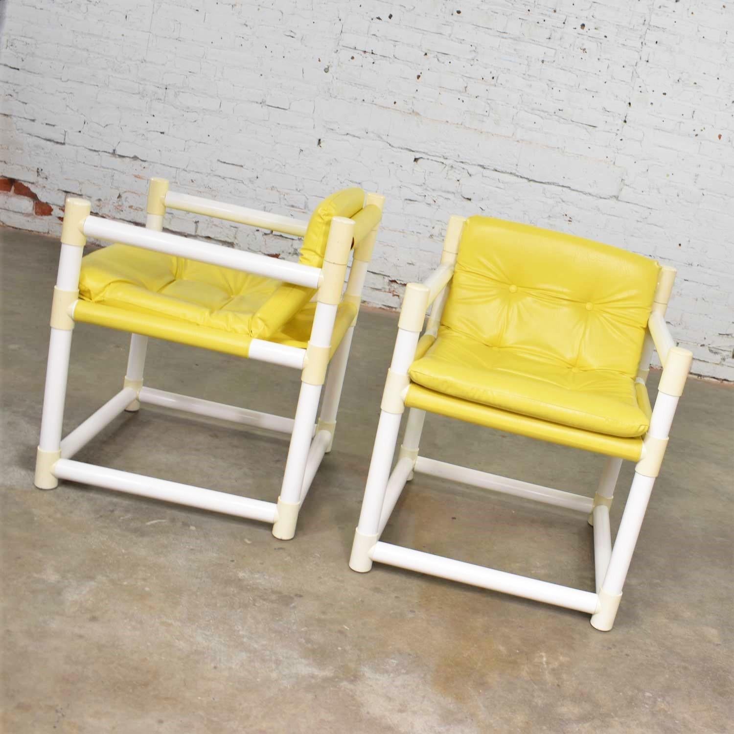 Mid-Century Modern MCM Outdoor PVC Side Chairs Yellow Vinyl Upholstery, Decorion Fun Furnish, Pair For Sale