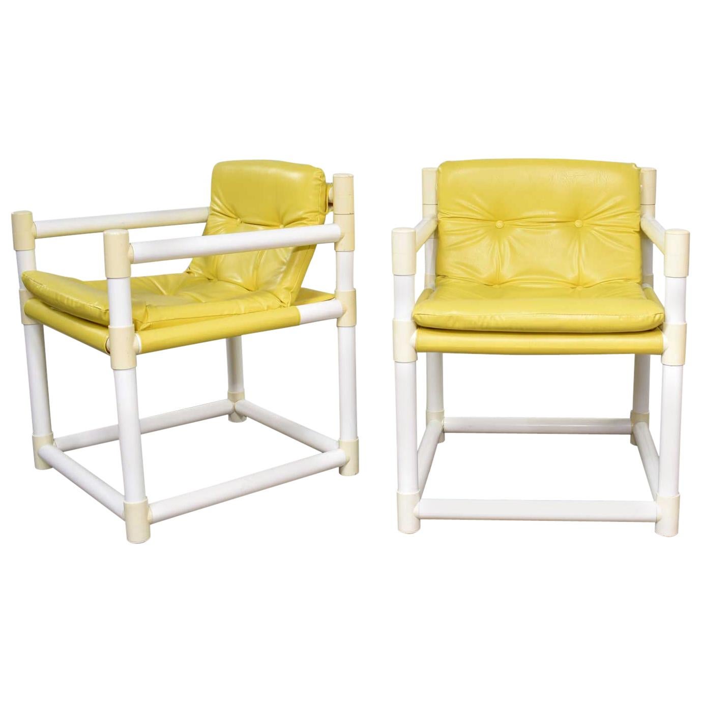 MCM Outdoor PVC Side Chairs Yellow Vinyl Upholstery, Decorion Fun Furnish, Pair