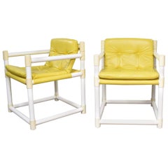 Vintage MCM Outdoor PVC Side Chairs Yellow Vinyl Upholstery, Decorion Fun Furnish, Pair