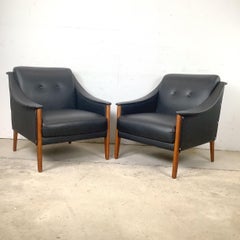 Pair MCM Style Upholstered Lounge Chairs With Curved Arms