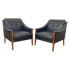 Pair MCM Style Upholstered Lounge Chairs With Curved Arms