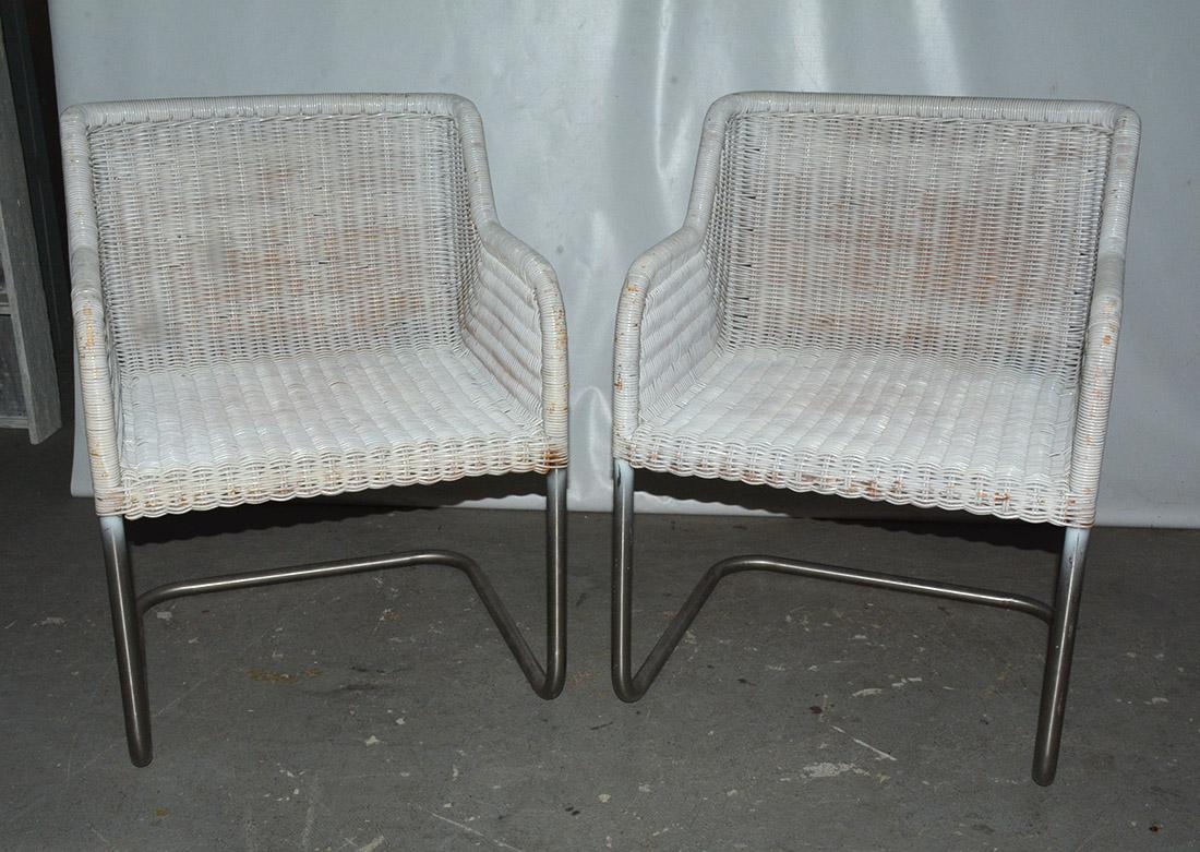 Mid-Century Modern Pair of MCM Wicker Seat Metal Base Armchairs For Sale